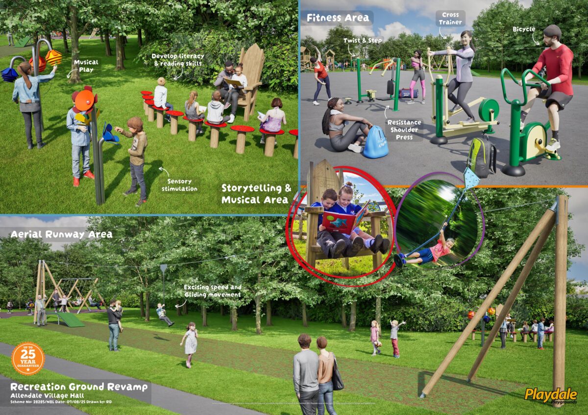 Childrens' play area and adult gym equipment.